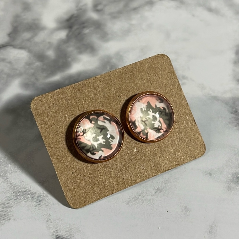 Handcrafted Pink Green Black Camo Pattern Stud Earrings